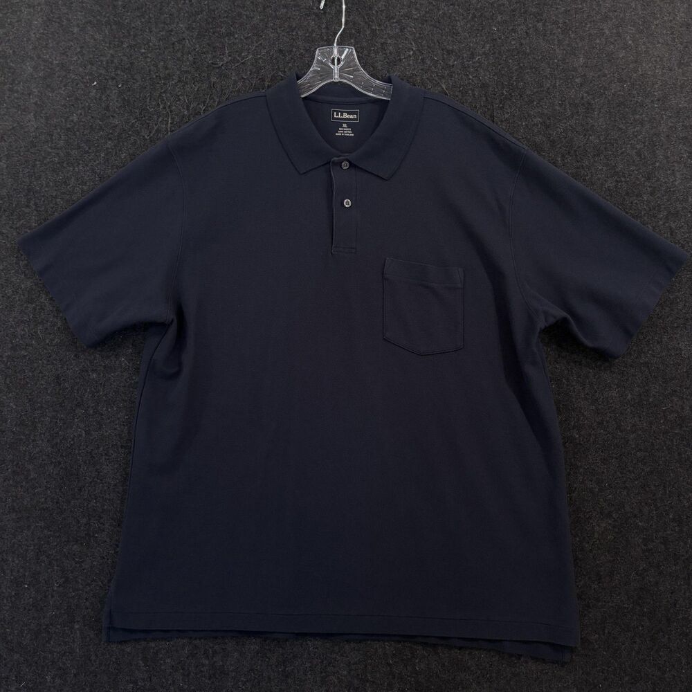 LL Bean Polo Shirt Men's XL Navy Blue Pocket 100% Cotton Pique Casual Knit